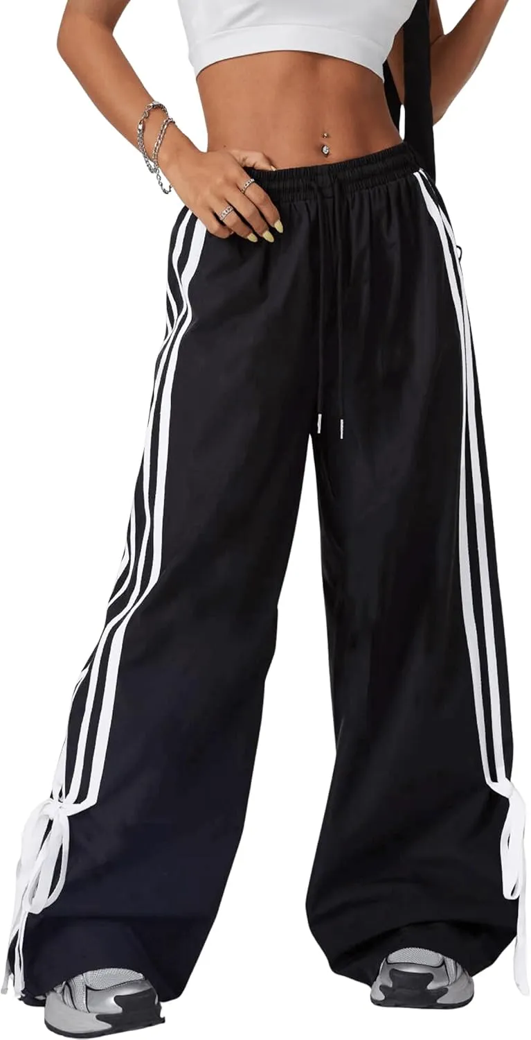 Women's Y2K Baggy Bow Wide Leg Pants Striped Track Elastic Waist Long Sweatpants Parachute Pants