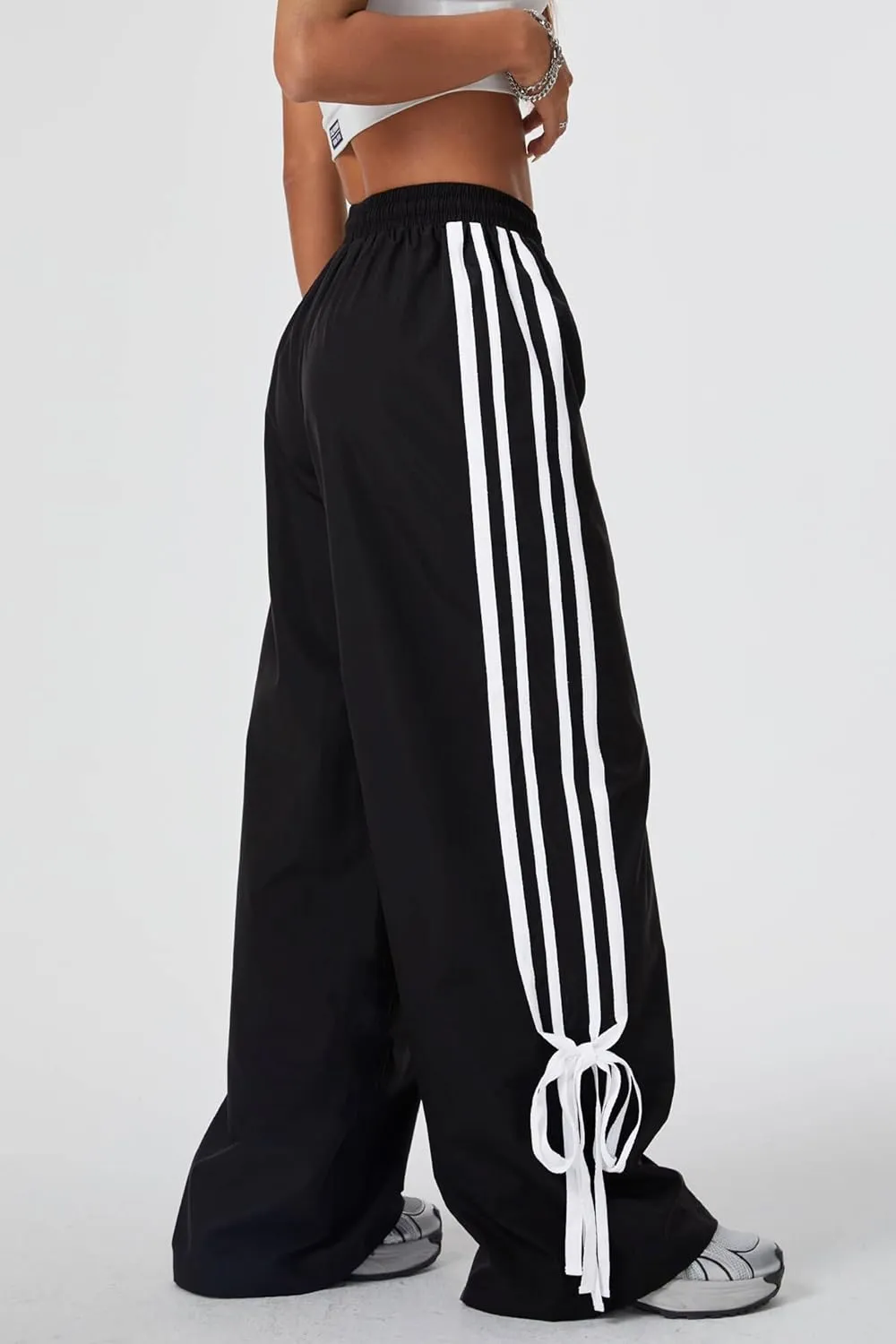 Women's Y2K Baggy Bow Wide Leg Pants Striped Track Elastic Waist Long Sweatpants Parachute Pants
