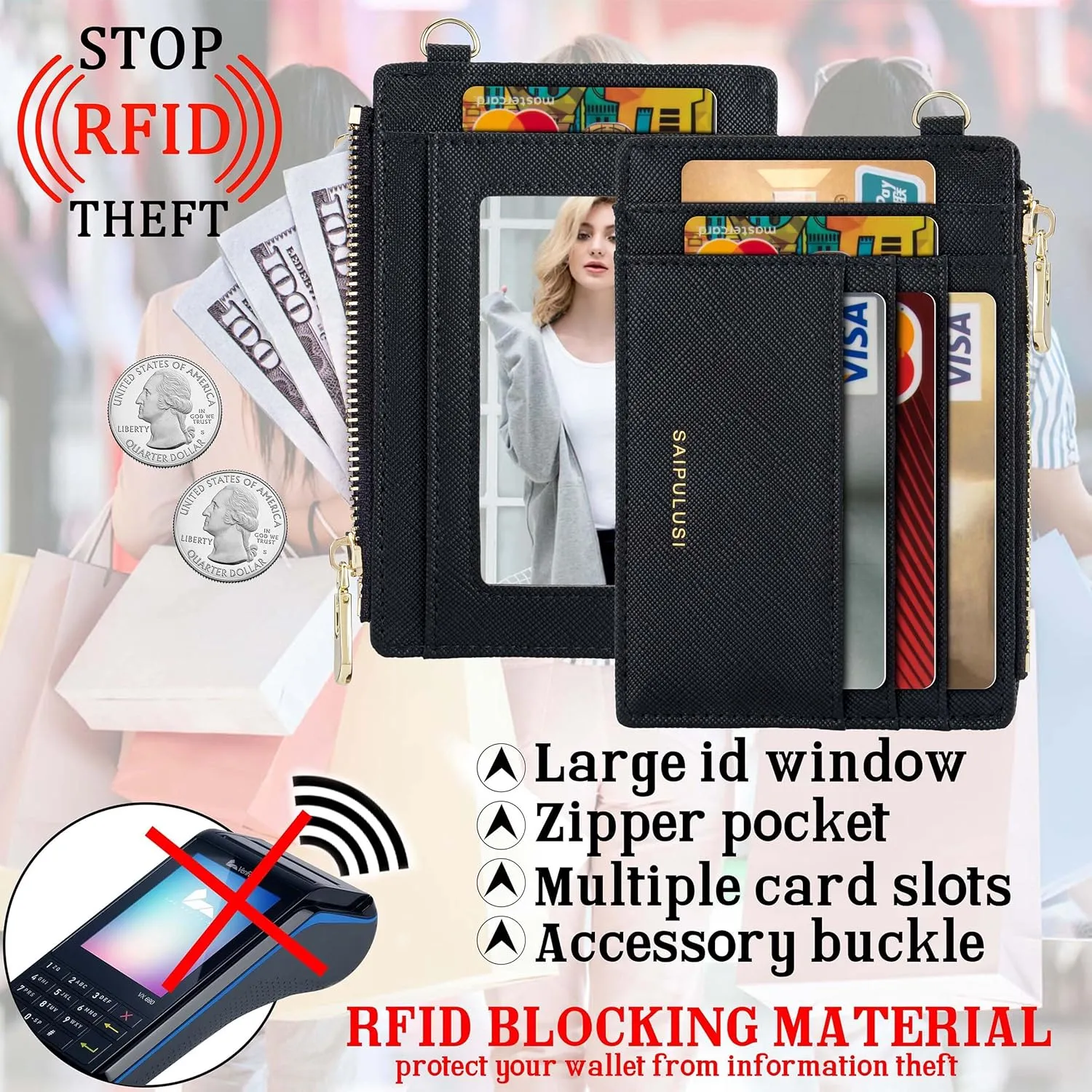 Wristlet Keychain Wallet For Women Small Wallet RFID Blocking Slim Leather Credit Card Holder With Zipper Pocket (Multifunction, Black)
