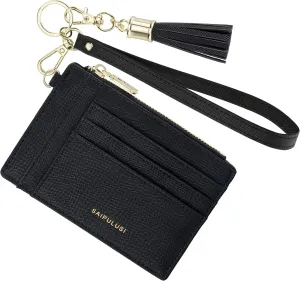 Wristlet Keychain Wallet For Women Small Wallet RFID Blocking Slim Leather Credit Card Holder With Zipper Pocket (Multifunction, Black)