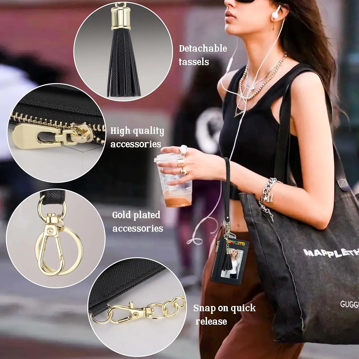 Wristlet Keychain Wallet For Women Small Wallet RFID Blocking Slim Leather Credit Card Holder With Zipper Pocket (Multifunction, Black)