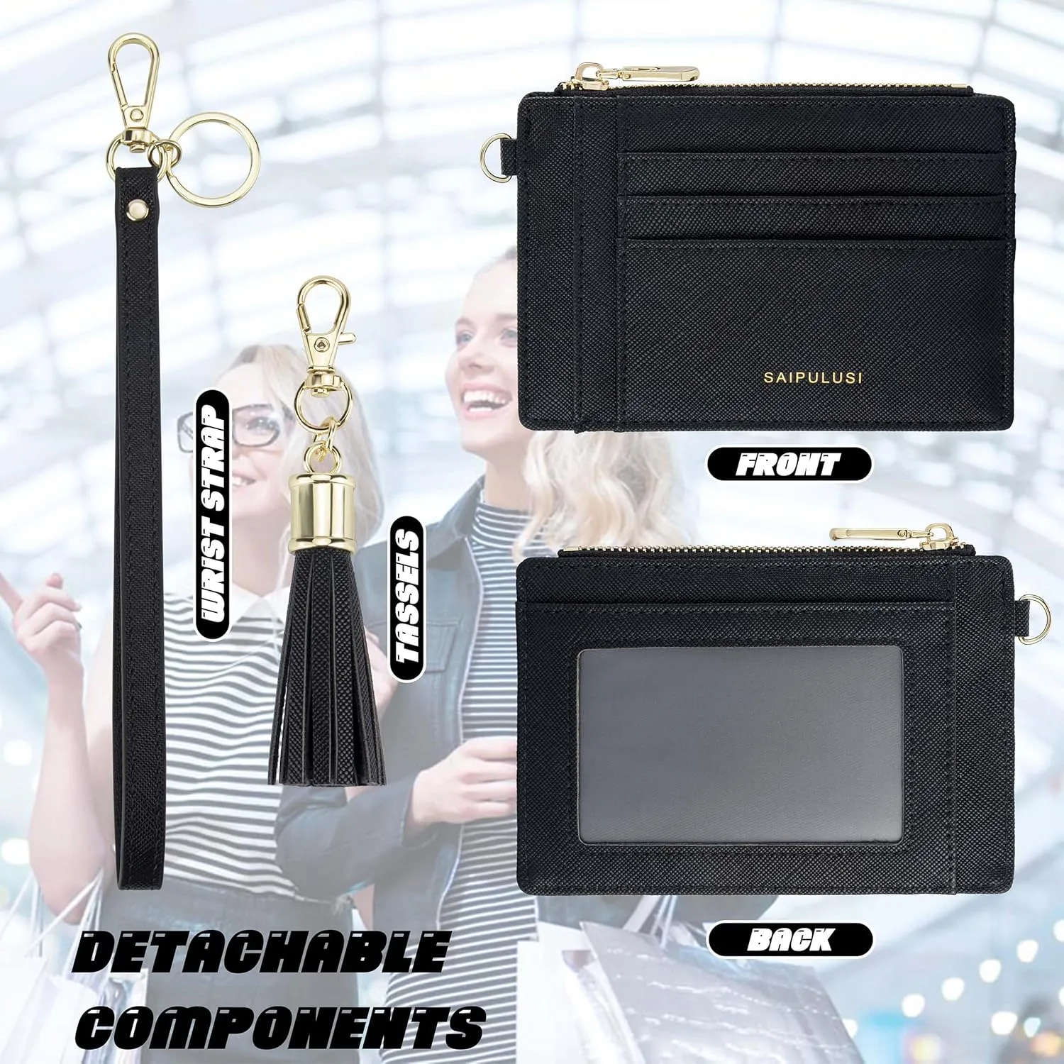Wristlet Keychain Wallet For Women Small Wallet RFID Blocking Slim Leather Credit Card Holder With Zipper Pocket (Multifunction, Black)