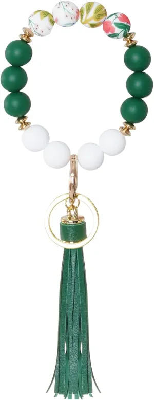 Wristlet Silicone Bangle Chains for Women, Beaded Keychain with Featuring Printed Patterns and Tassels