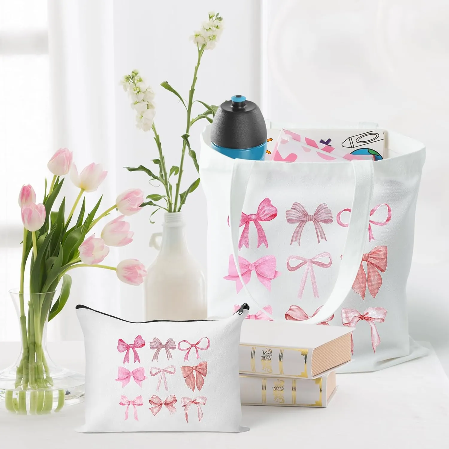 Y1tvei Coquette Pink Bow Preppy Makeup Bag Set - 2Pcs Cute Aesthetic Canvas Tote, Reusable Grocery Folding Shopping Bag With Zipper Pouch Gifts for Women