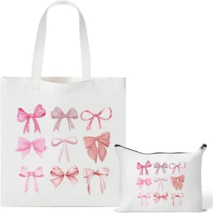 Y1tvei Coquette Pink Bow Preppy Makeup Bag Set - 2Pcs Cute Aesthetic Canvas Tote, Reusable Grocery Folding Shopping Bag With Zipper Pouch Gifts for Women