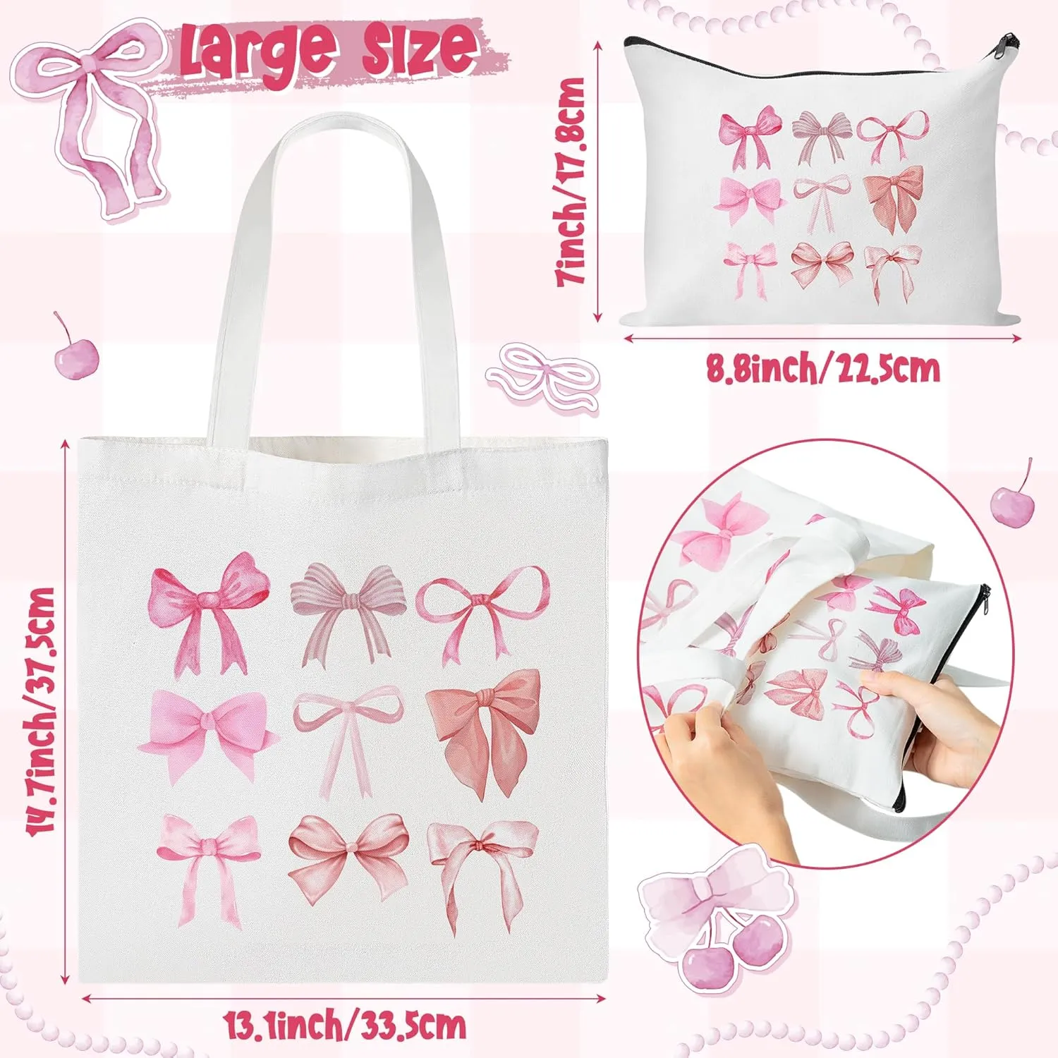 Y1tvei Coquette Pink Bow Preppy Makeup Bag Set - 2Pcs Cute Aesthetic Canvas Tote, Reusable Grocery Folding Shopping Bag With Zipper Pouch Gifts for Women