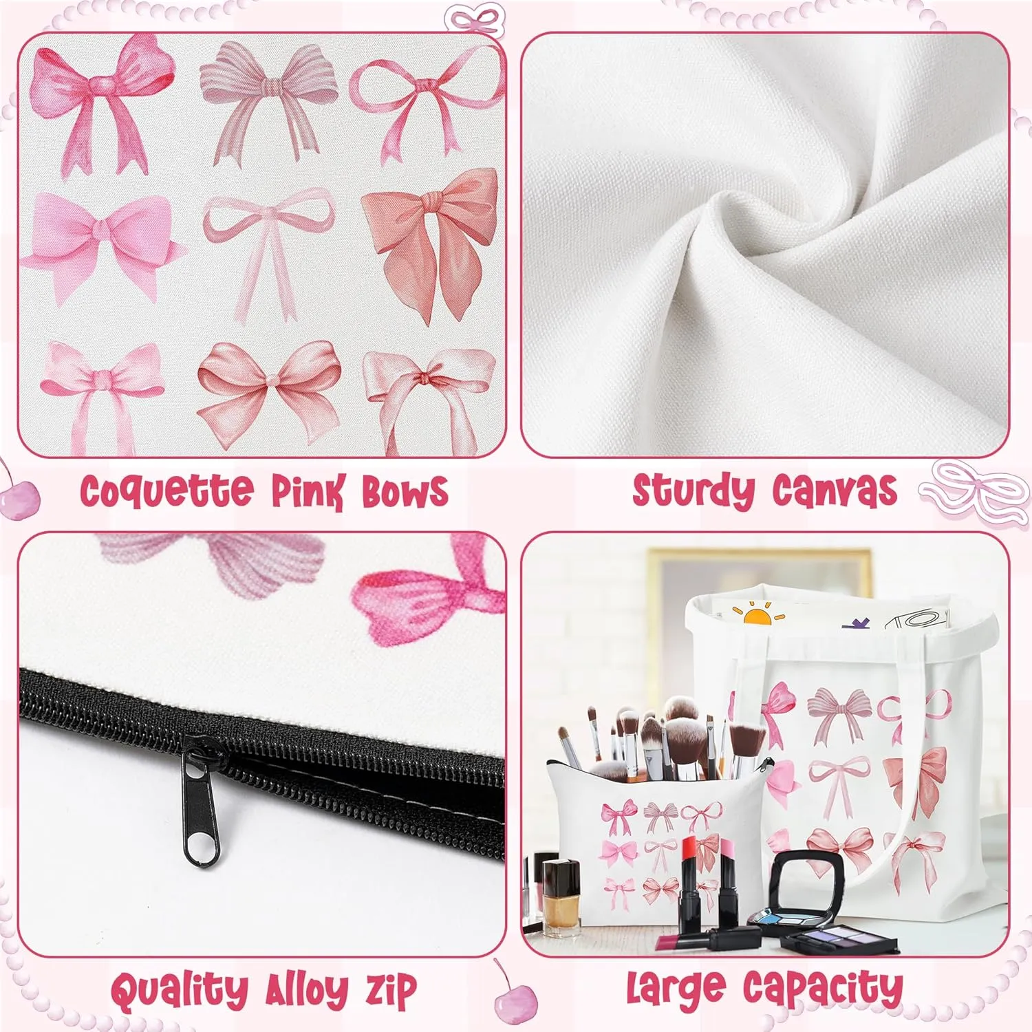 Y1tvei Coquette Pink Bow Preppy Makeup Bag Set - 2Pcs Cute Aesthetic Canvas Tote, Reusable Grocery Folding Shopping Bag With Zipper Pouch Gifts for Women