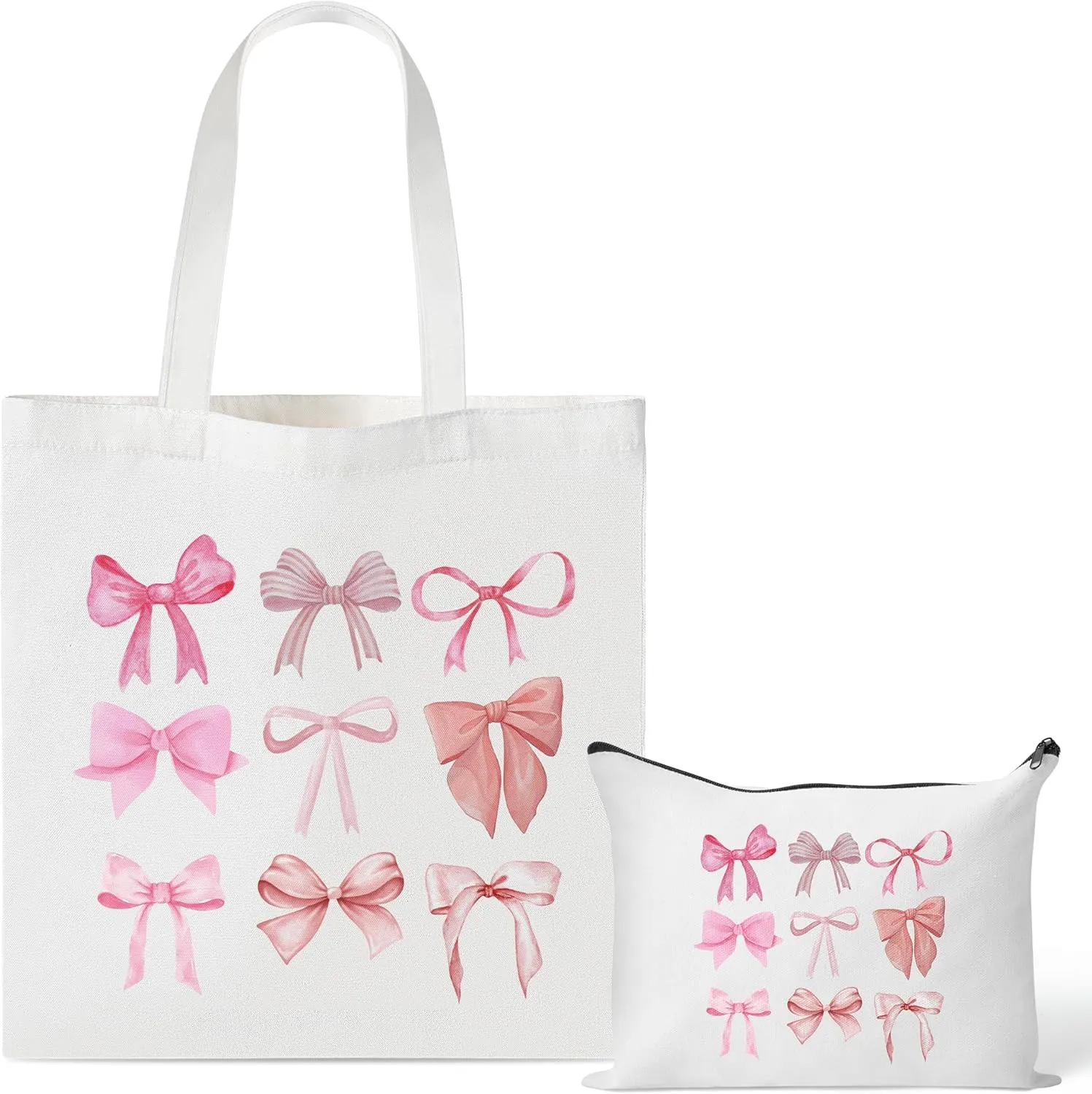 Y1tvei Coquette Pink Bow Preppy Makeup Bag Set - 2Pcs Cute Aesthetic Canvas Tote, Reusable Grocery Folding Shopping Bag With Zipper Pouch Gifts for Women