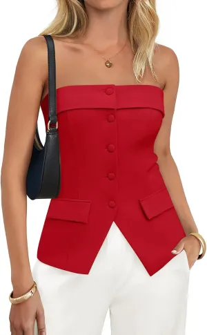 ZESICA Women's 2025 Trendy Strapless Blazer Vests Summer Dressy Tube Vest Tops Elegant Clothes