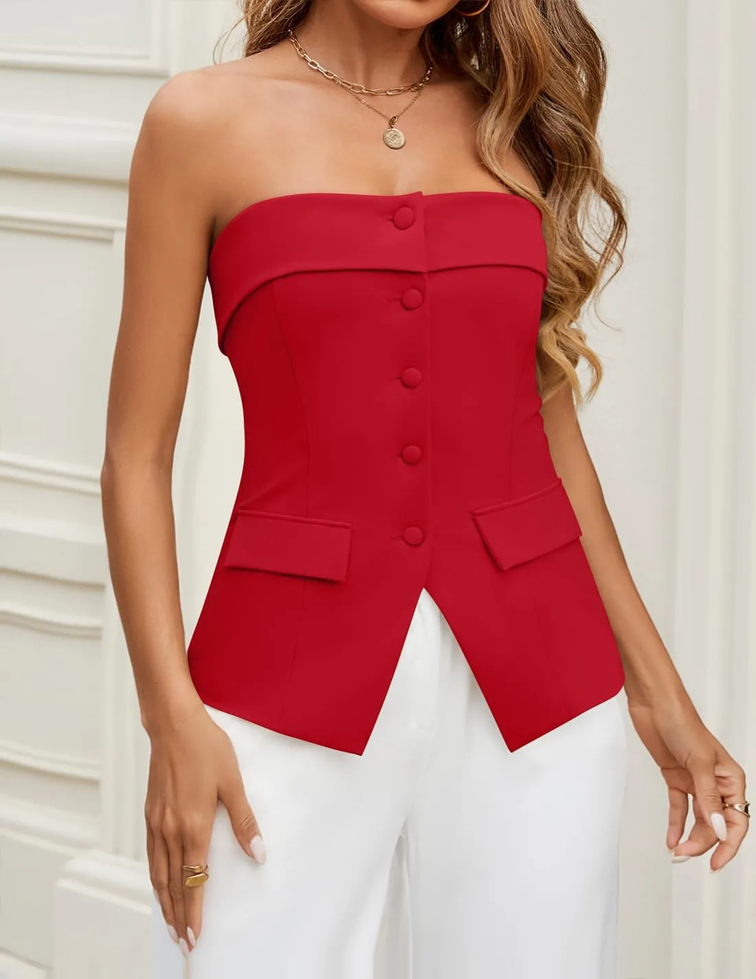 ZESICA Women's 2025 Trendy Strapless Blazer Vests Summer Dressy Tube Vest Tops Elegant Clothes