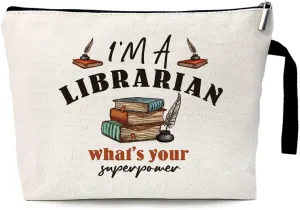 ZHANTUONE I'm a Librarian Whats Your Superpower Funny Librarian Cosmetic Bag, for Travel Toiletry Zipper Storage Pouch Makeup Bag, Funny Librarian Gifts, Book Lover Gifts, Librarian Retirement Gifts
